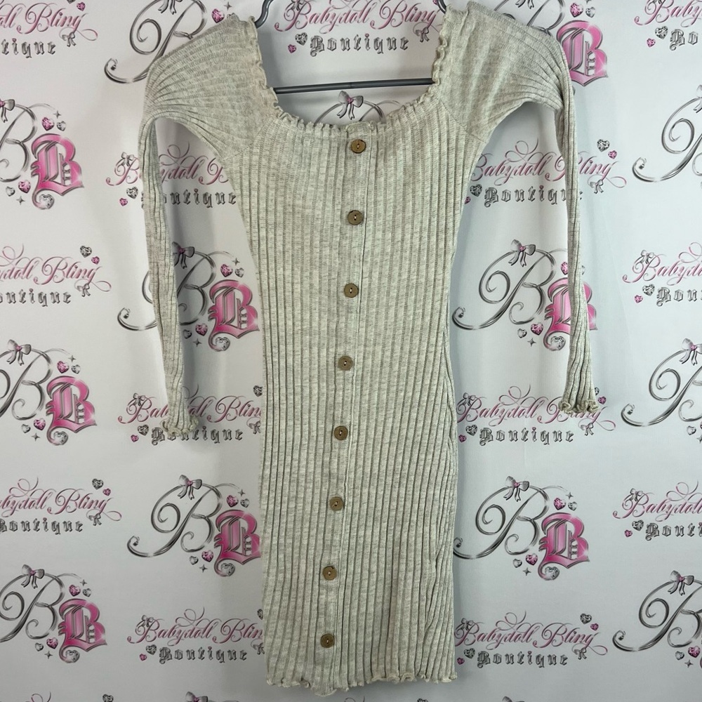 Fashion Nova dress buttons stretchy off shoulder Cream Knit ribbed white